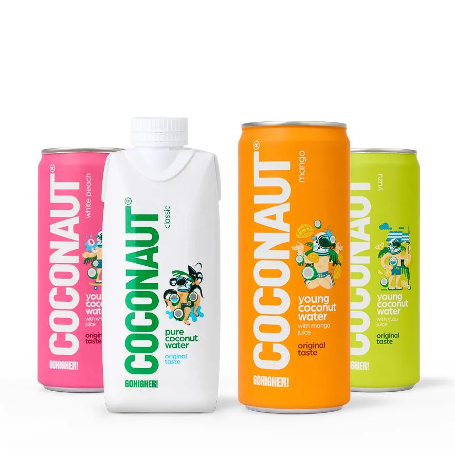 Vier Coconaut Dosen: Weisser Pfirsich, Classic, Mango und Yuzu